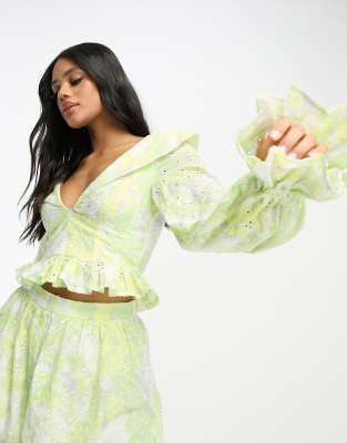 ASOS LUXE floral broderie top in lime green (part of a set)