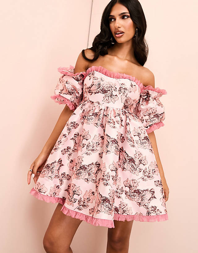 ASOS LUXE - floral jacquard off shoulder puff sleeve mini skater dress with organza trim in pink floral