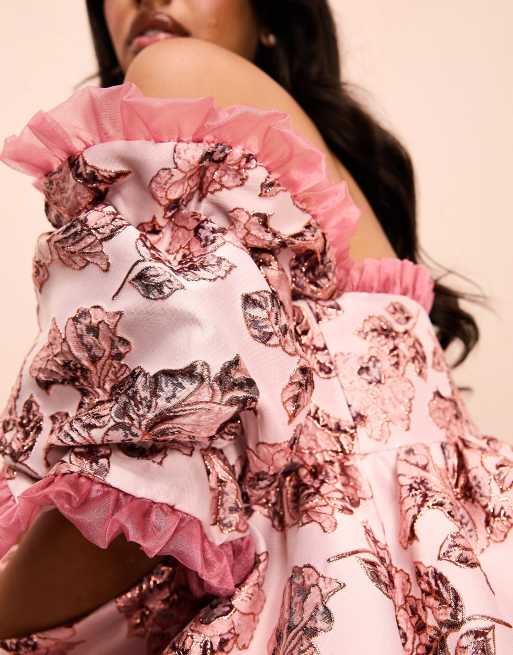 ASOS LUXE floral jacquard off shoulder puff sleeve mini skater dress with organza trim in pink floral