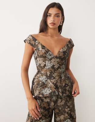 Asos Luxe Floral Jacquard Off Shoulder Top-multi