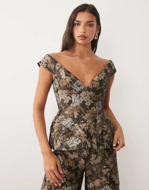 ASOS LUXE floral jacquard off shoulder top - view 1