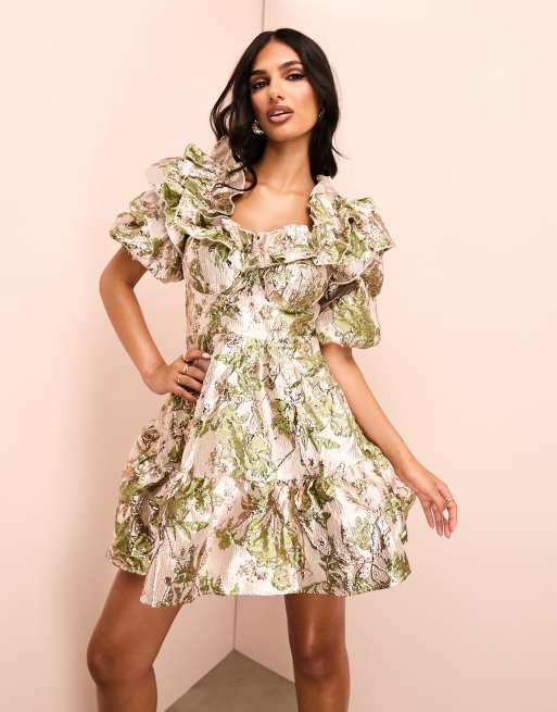 ASOS LUXE floral jacquard puff sleeve skater mini dress in green and gold  floral print | ASOS