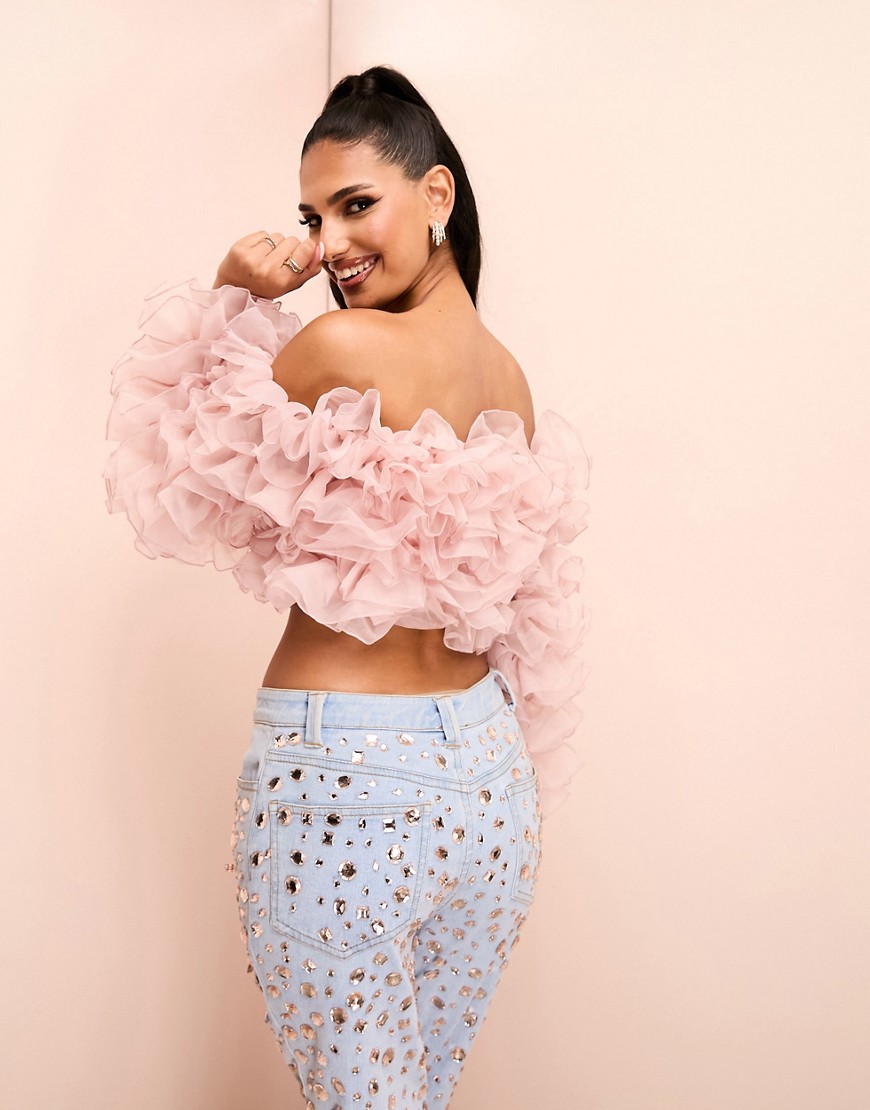ASOS LUXE floral ruffle off shoulder bandeau top in blush pink