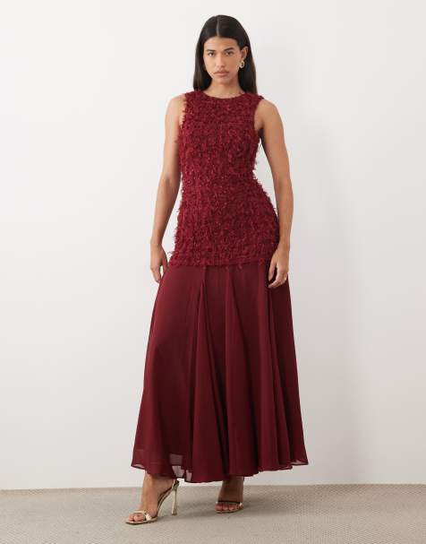 ASOS LUXE fluffy knit bodice maxi dress with chiffon skirt in burgundy