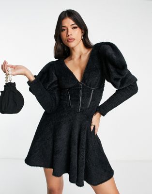 ASOS LUXE fluffy knitted corsetted dress with flippy skirt in black | ASOS