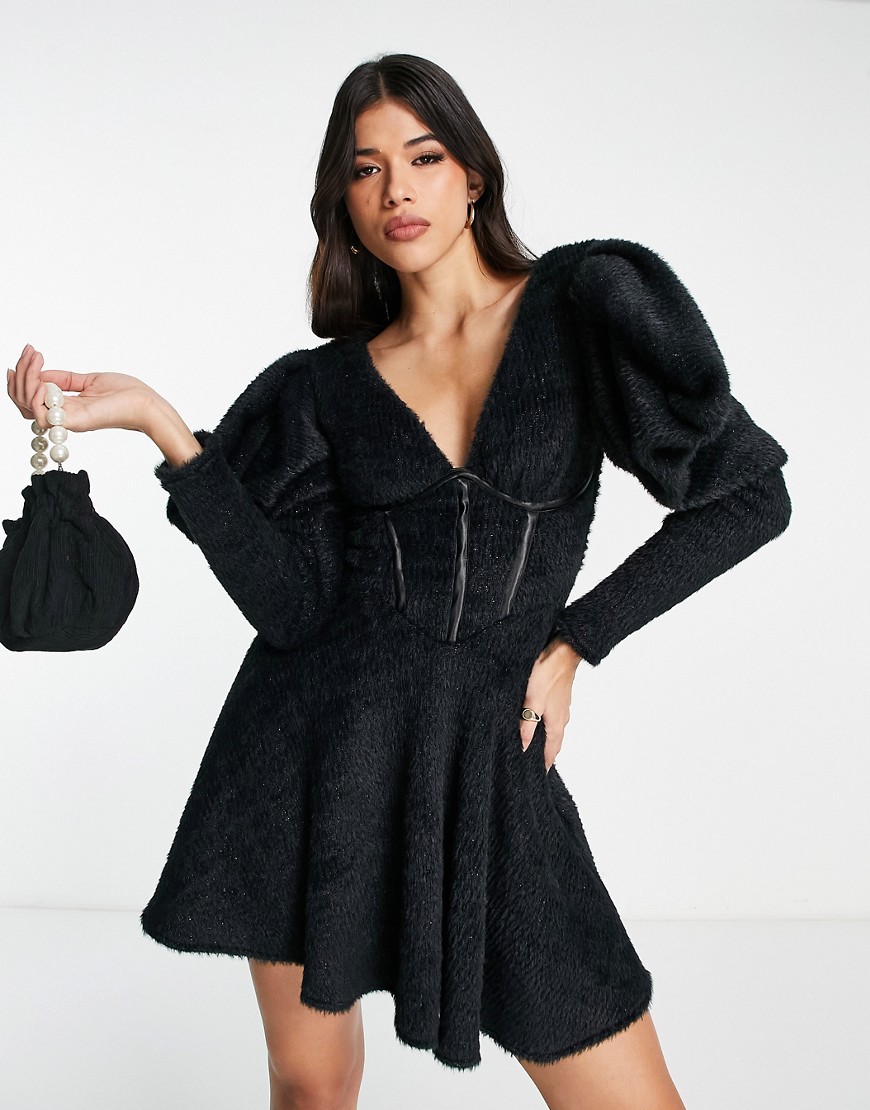ASOS LUXE fluffy knitted corsetted dress with flippy skirt in black