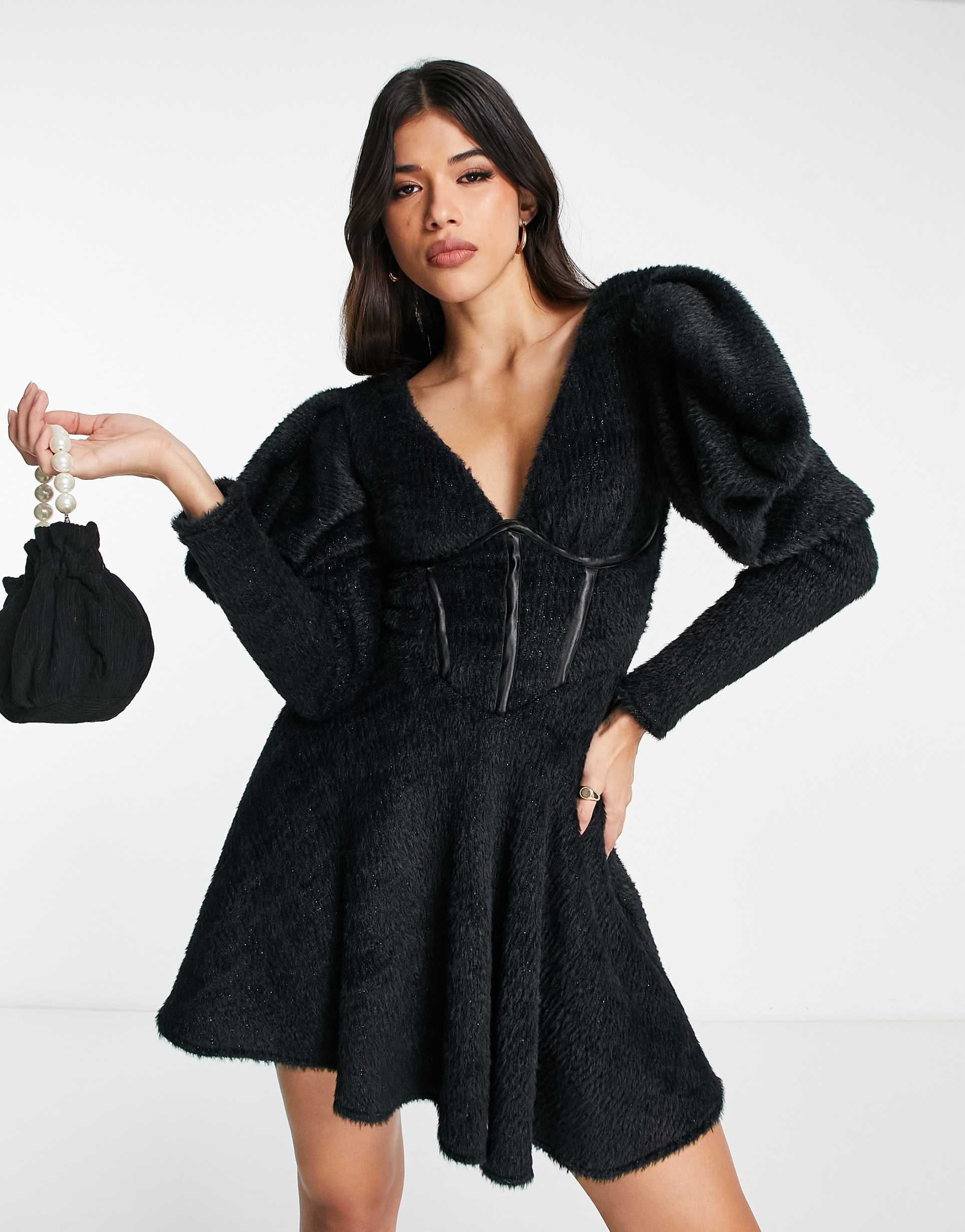 asos luxe fluffy knitted corsetted dress with flippy skirt in black
