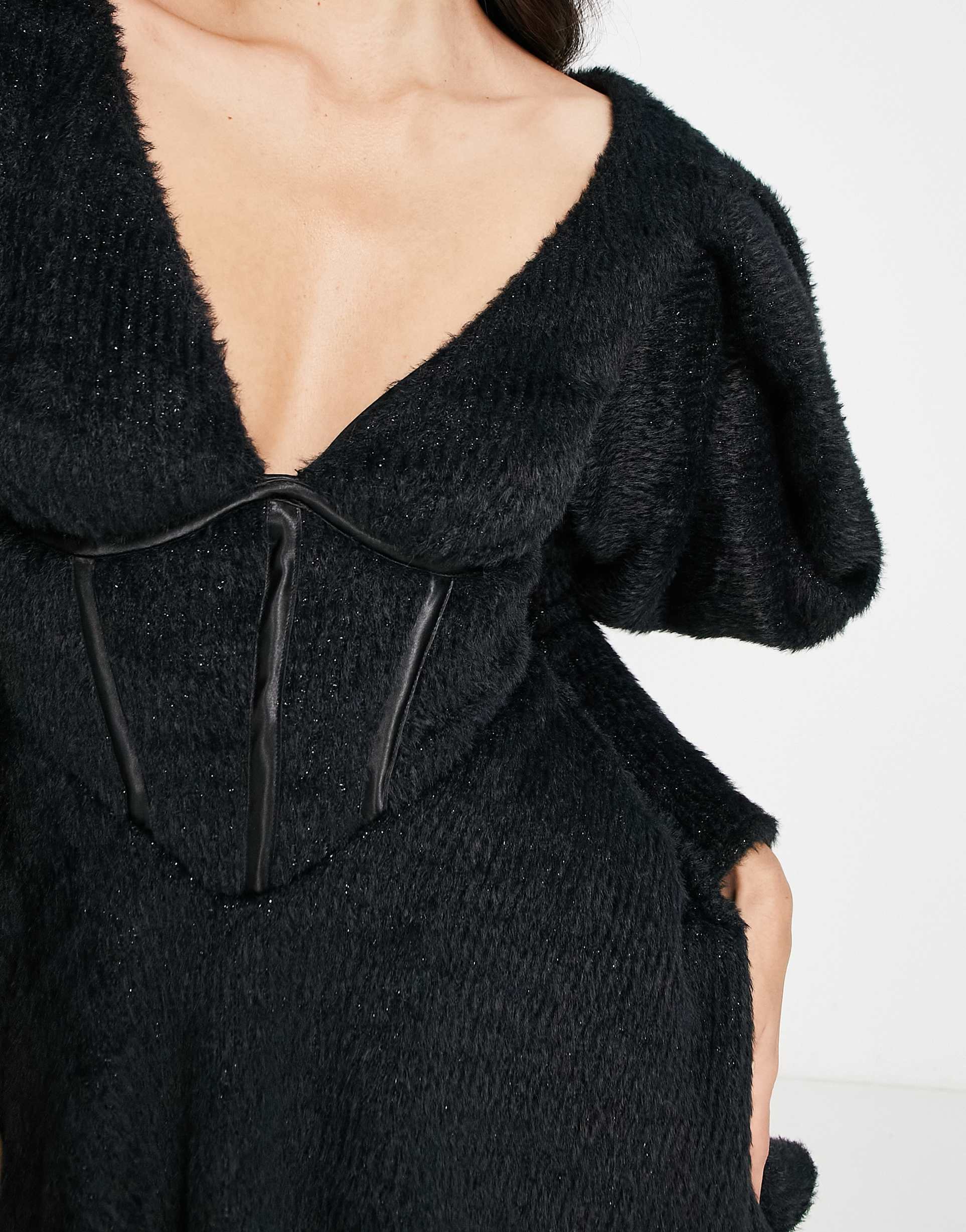 asos luxe fluffy knitted corsetted dress with flippy skirt in black