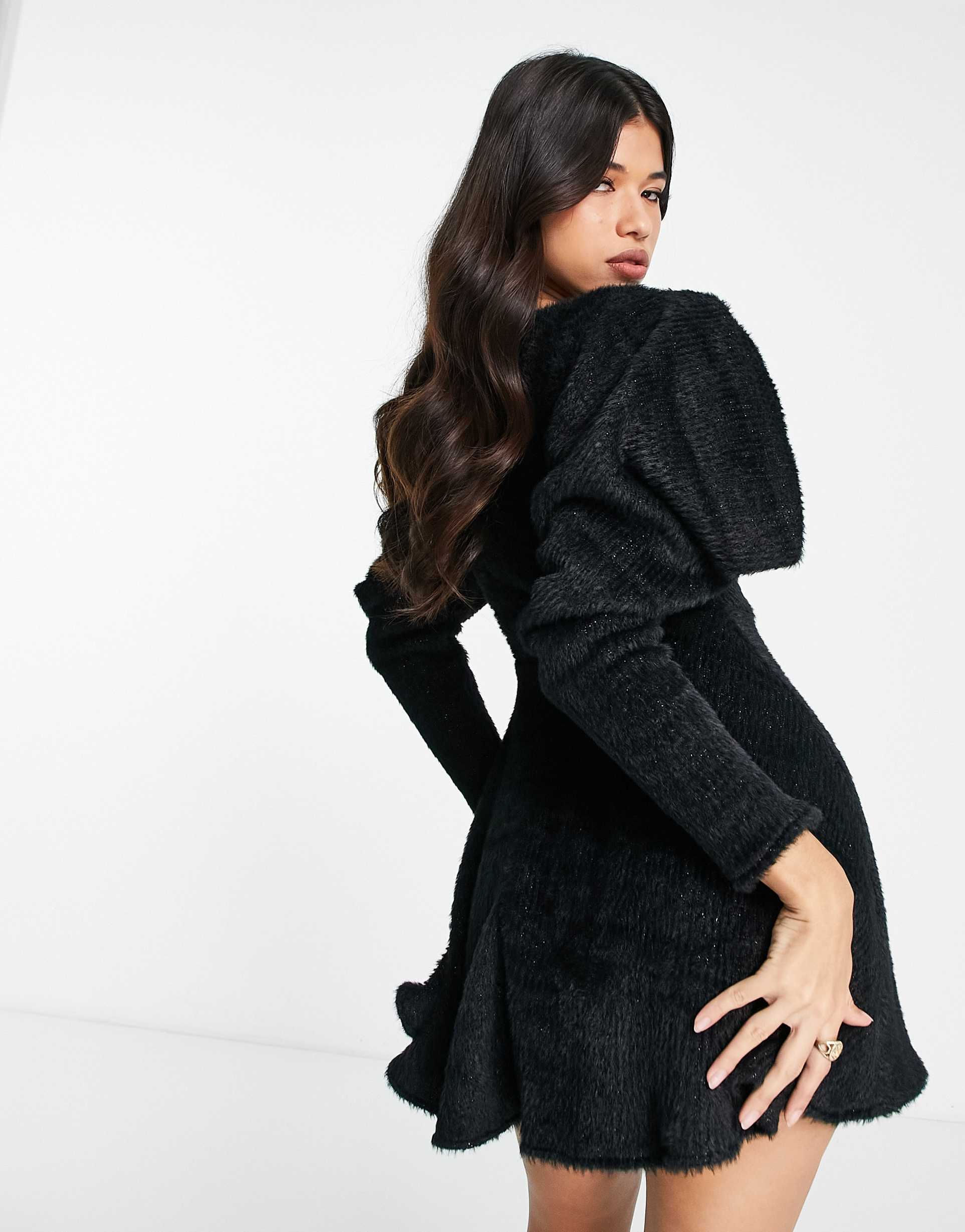 asos luxe fluffy knitted corsetted dress with flippy skirt in black