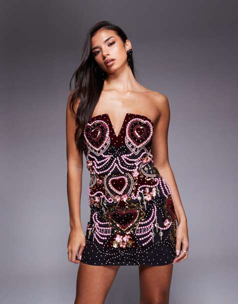 ASOS LUXE - Fluwelen mini-jurk hartenversiering, parelafwerking en afneembare bandjes - view 1