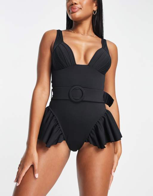 ASOS LUXE frill hem high leg swimsuit with belt in black ASOS