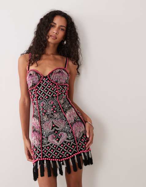 ASOS LUXE fringe embellished cami mini dress in black and pink - view 1