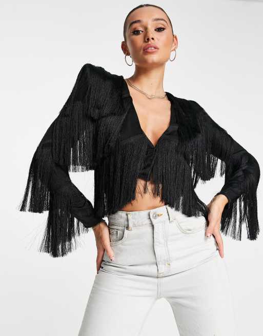 straffen Intiem Slovenië ASOS LUXE fringe top with shoulder pads in black | ASOS