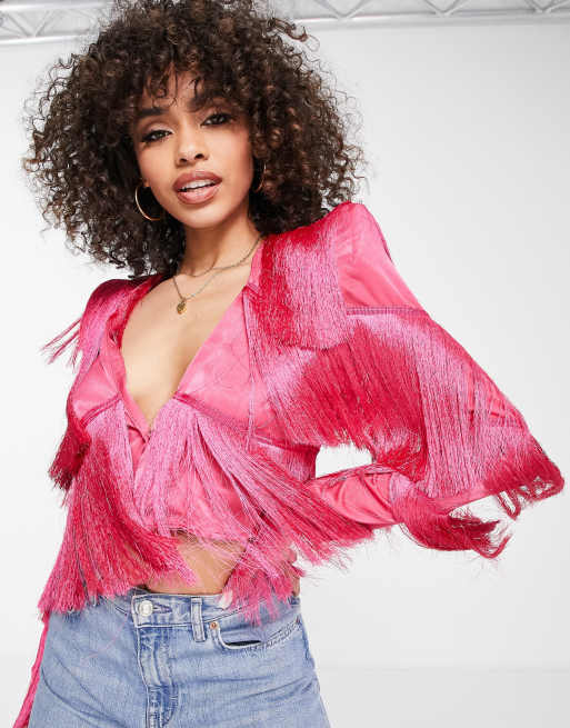 Credential Bære Menda City ASOS LUXE fringe top with shoulder pads in hot pink | ASOS