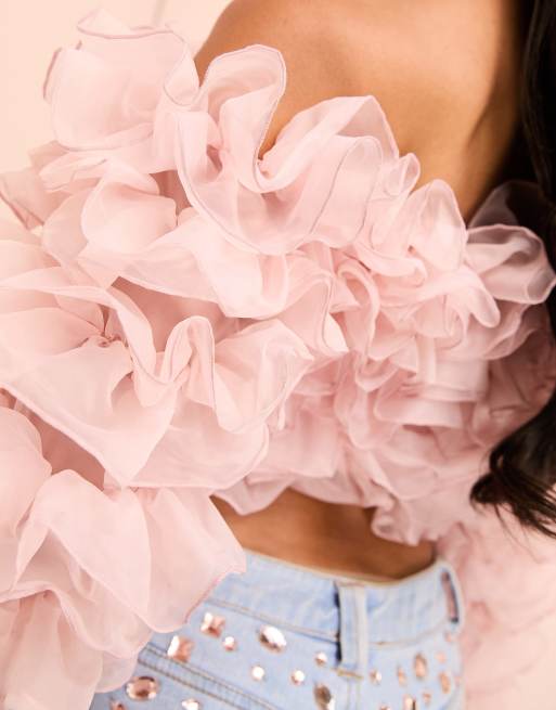 ASOS LUXE – Geblümtes, trägerloses, schulterfreies Oberteil in Blush-Rosa mit floralen Rüschen, 3 von 4