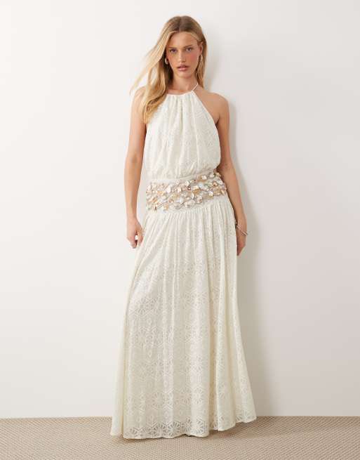 ASOS LUXE - Gehaakte maxi jurk met versierde taille in wit, 2 van 4