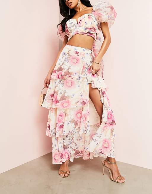 ASOS LUXE Gelaagde maxi wikkelrok met rimpeleffect in bloemenprint deel van co ord set