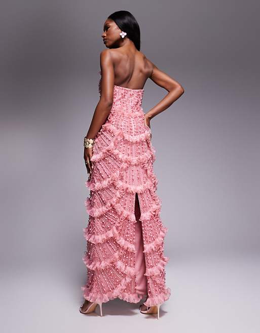 pink embellished dress Sequin Strapless Gown with Side Slit 43338 Crystal straps Light Pink Embellished Sequin Dress
