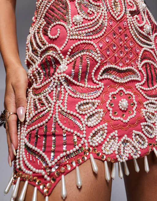 ASOS LUXE gem embellished encrusted mini dress with drop pearls in pink