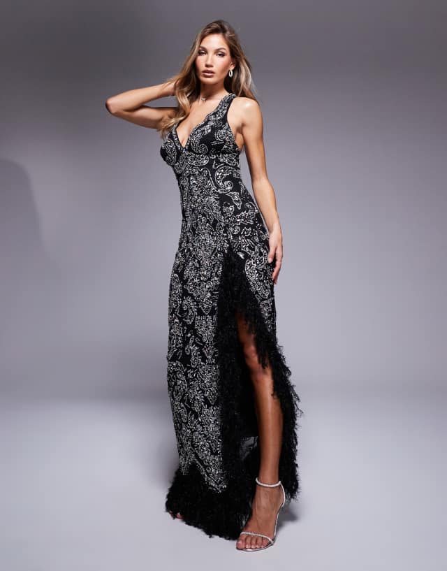 dancing feathers tassel halter neck maxi dress in black ASOS LUXE gem embellished with Feather trim V NECK DRESS