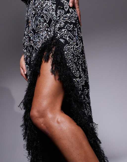 ASOS LUXE gem embellished halter maxi dress with Feather trim in black |  ASOS
