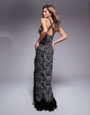 ASOS LUXE gem embellished halter maxi dress with Feather trim in black |  ASOS