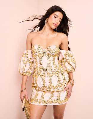gem embellished off shoulder puff sleeve cotton mini dress in pink & gold