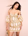 [ASOS LUXE] ASOS LUXE gem embellished off shoulder puff sleeve cotton mini dress in pink & gold 10 PINK
