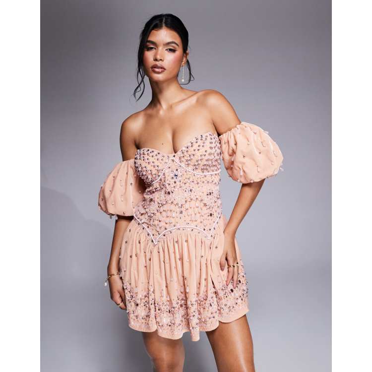 NWTS store Revolve Dress size XS in Peach Safia Mini with off shoulder puffy sleeves