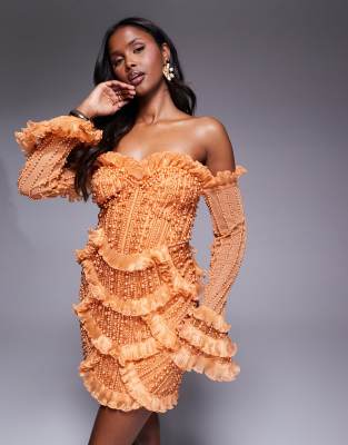 asos luxe gem embellished off the shoulder mini dress with scallop hem in orange