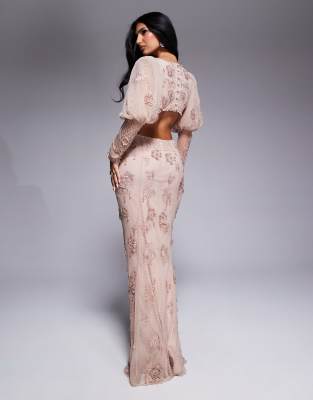 ASOS LUXE gem embellished puff sleeve maxi dress in light pink - BEIGE