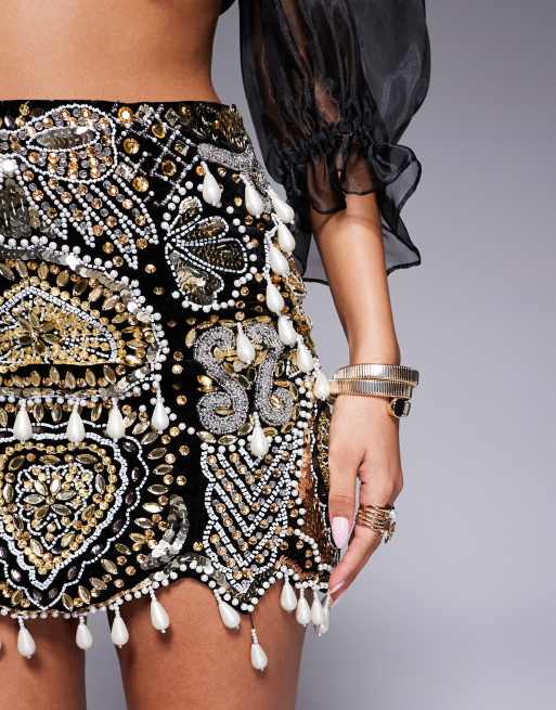 ミニスカート Embellished Velvet Mini Skirt ASOS LUXE gem embellished velvet mini skirt with drop pearls