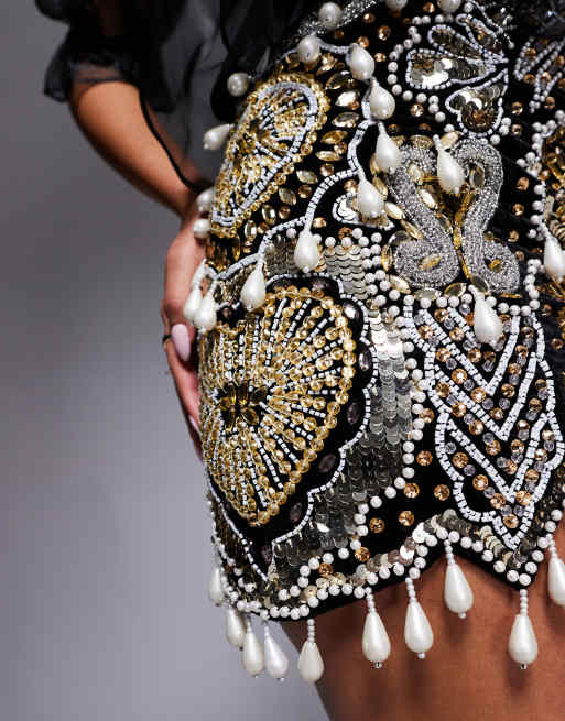 ASOS LUXE gem embellished velvet mini skirt with drop pearls