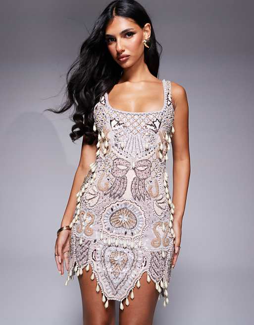 asos luxe gem encrusted mini dress Scallop Embellished Pink Glitter Dress ASOS ASOS LUXE Dress With Pearl making it perfect for special occasions or a night out ASOS LUXE - Mini Dress