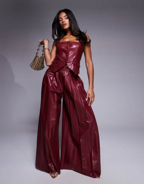 ASOS LUXE - Geplooide broek van PU in donker kersenrood, deel van co-ord set - view 1