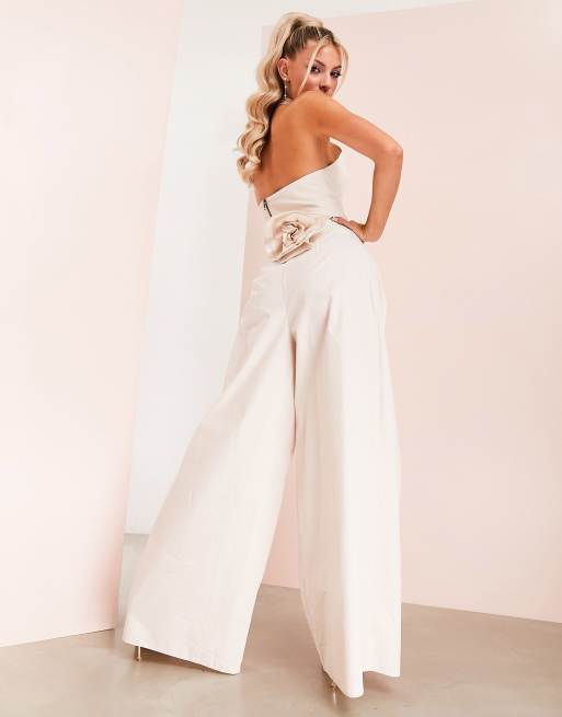 ASOS LUXE - Geplooide poplin broek met wijde pijpen en corsage in beigeroze, deel van co-ord set