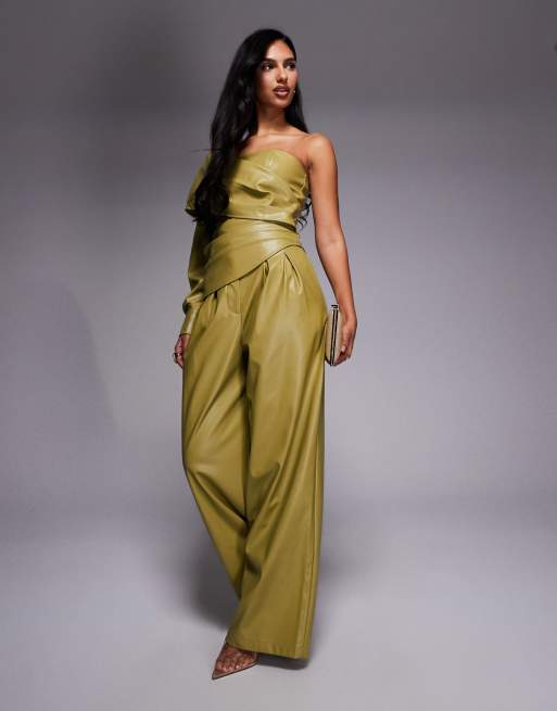 ASOS LUXE - Geplooide top van PU met blote schouder in olijfgroen, deel van co-ord set, 3 van 4