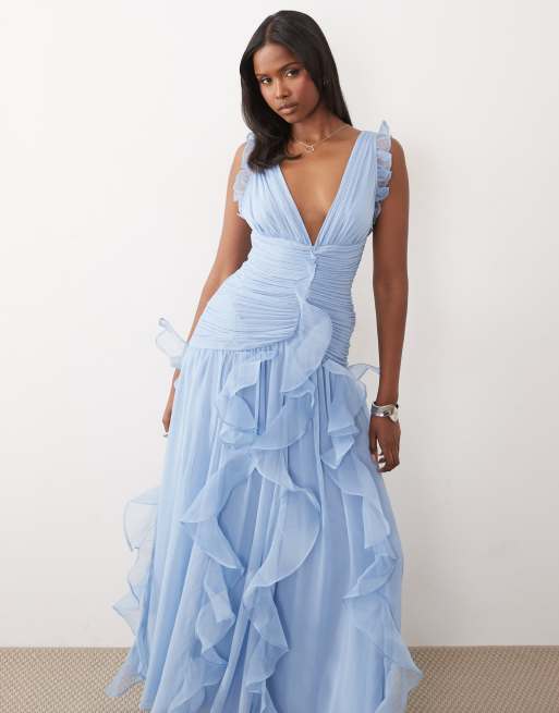 ASOS LUXE – Gerafftes Maxikleid in Staubblau mit Wasserfall-Detail, 3 von 4