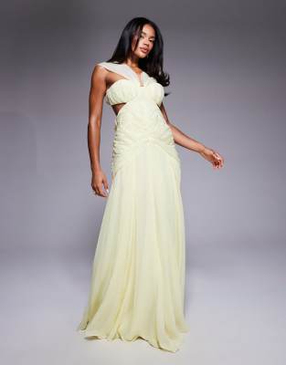ASOS LUXE - Gerafftes Neckholder-Maxikleid aus gemustertem Organza und Chiffon in Buttermilchgelb-Rot