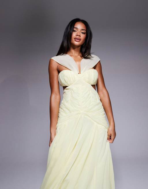 ASOS LUXE – Gerafftes Neckholder-Maxikleid aus gemustertem Organza und Chiffon in Buttermilchgelb, 3 von 4