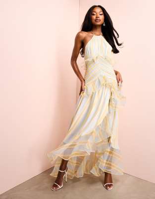 ASOS LUXE - Gestreepte maxi jurk met halternek van organza