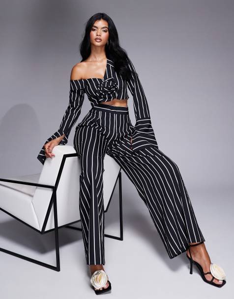 ASOS LUXE – Gestreifte Hose in Schwarz und Weiß mit weitem Schnitt, Kombiteil - view 1