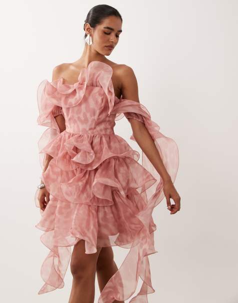 ASOS LUXE gestructureerde organza mini-jurk met baleinen, ruches en blote schouders in roze luipaardprint - view 1