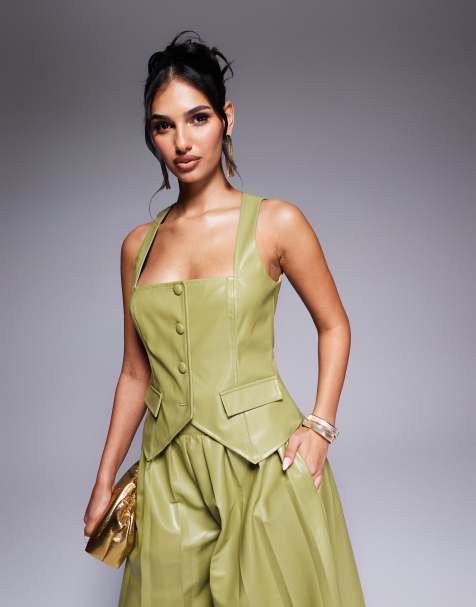 ASOS LUXE - Gilet in similpelle PU color oliva in coordinato - view 1