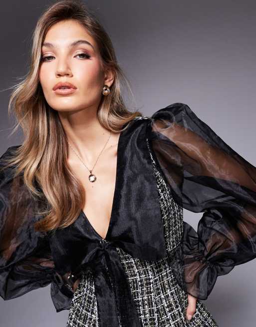 ASOS LUXE Glitter Boucle Kleid in Schwarz mit Organza Kragen