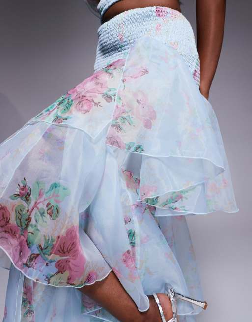 ASOS LUXE - Gonna lunga in chiffon arricciato blu a fiori in coordinato, 2 di 5