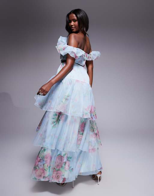 ASOS LUXE - Gonna lunga in chiffon arricciato blu a fiori in coordinato, 3 di 5