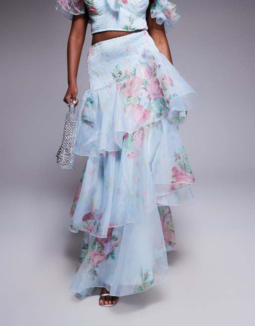 ASOS LUXE - Gonna lunga in chiffon arricciato blu a fiori in coordinato, 5 di 5
