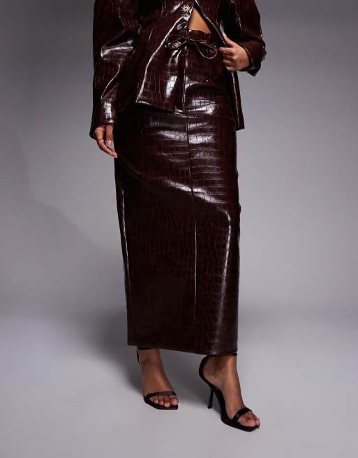 ASOS LUXE - Gonna midi color cioccolato effetto coccodrillo in coordinato, 2 di 5