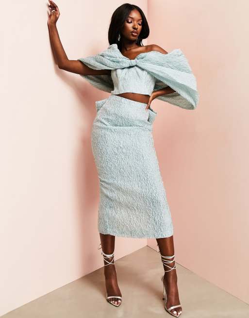 ASOS LUXE Gonna midi con fiocco in organza testurizzato color menta in coordinato